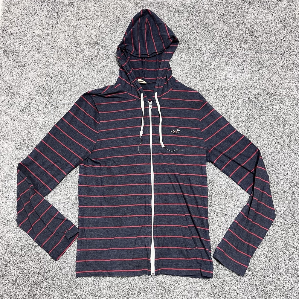 Hollister Hoodie Mens Medium Blue Pink Striped Full Zip Lightweight Hooded
